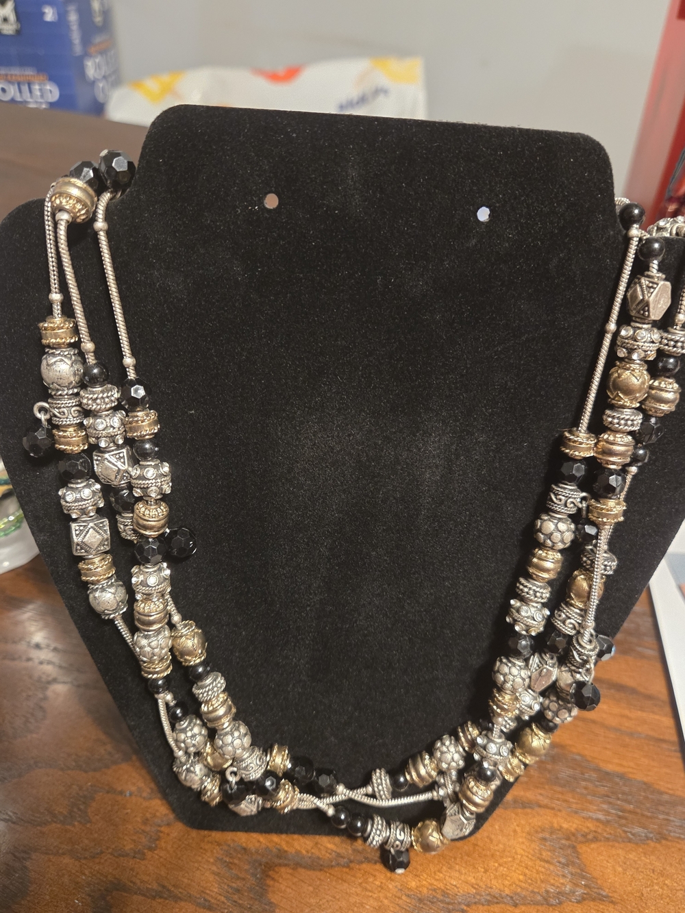 Layered Black, Gold & Silver Beaded Statement Necklace